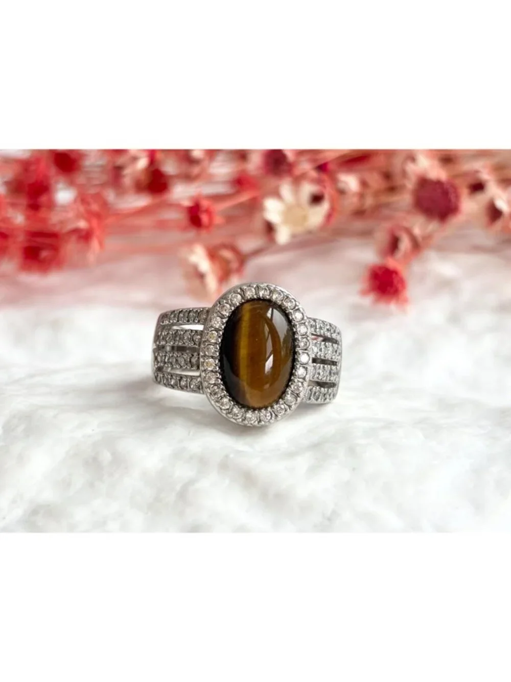 Genuine Tiger's Eye Gemstone Open Shank Sterling Silver 925 Vintage Ring - sz 8